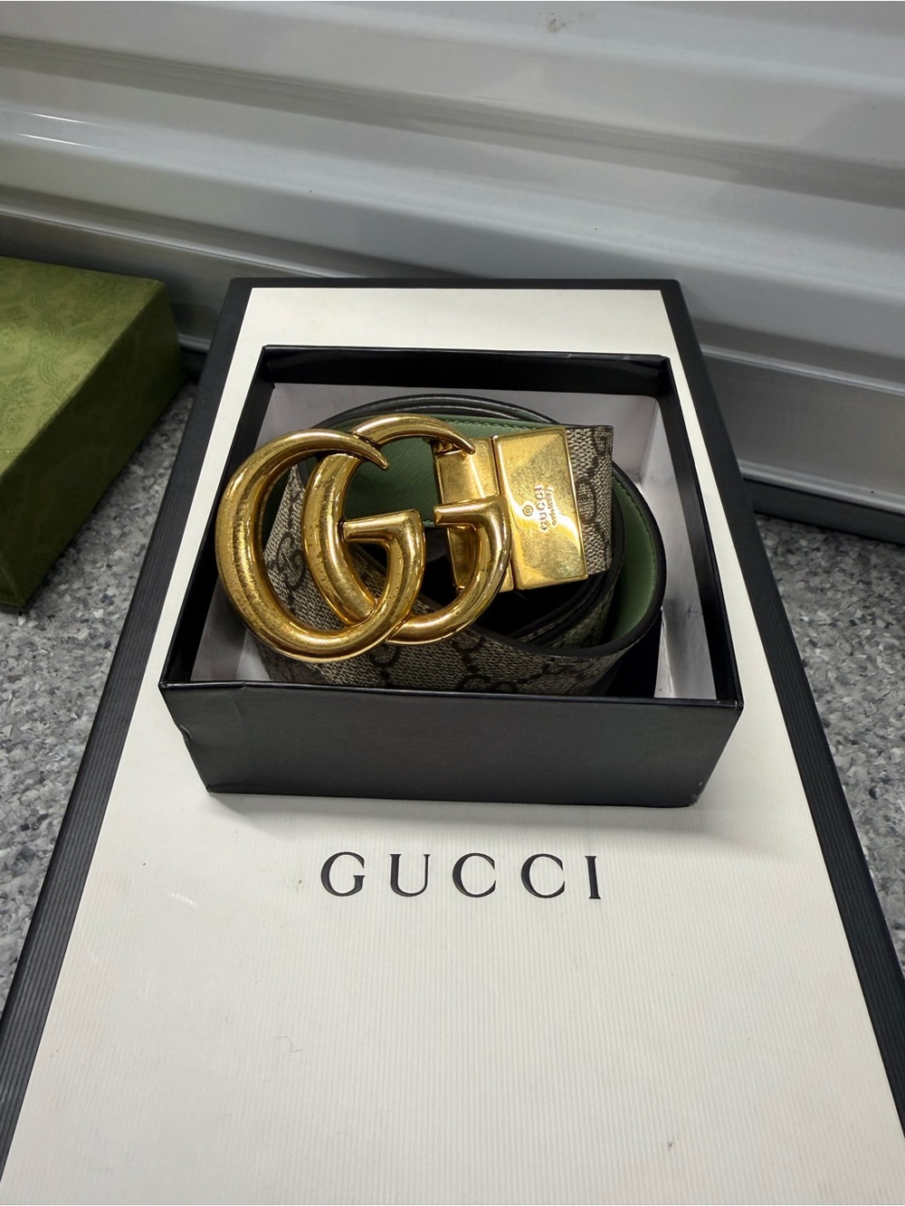 Gucci Men's Marmount GG Monogram Belt with Gold Double-G Buckle - Brown/Green